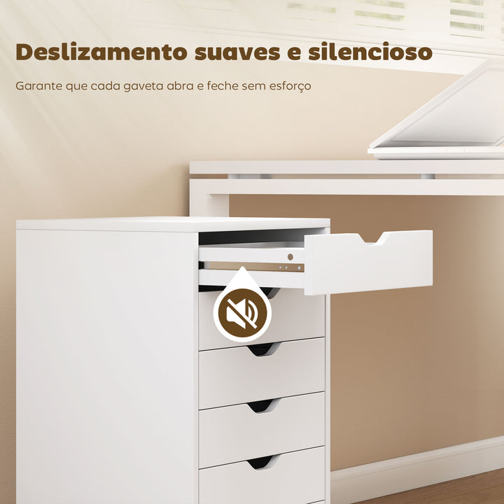 Bloco de Gavetas Móvel Arquivador com 6 Gavetas Suporte para Impressora com Rodas Guias Deslizantes Silenciosas para Escritório Casa 40x35x63 cm Branco