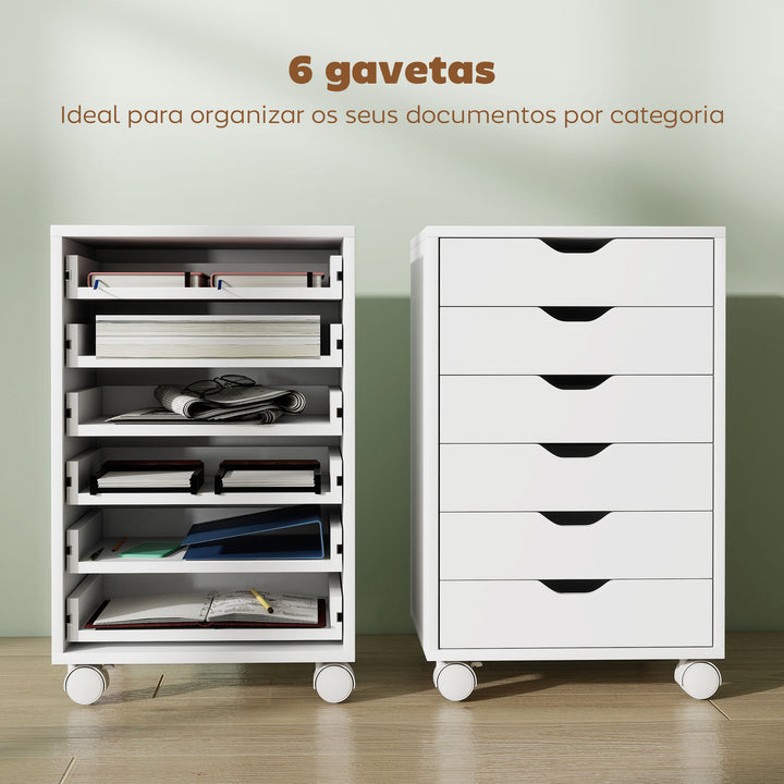 Bloco de Gavetas Móvel Arquivador com 6 Gavetas Suporte para Impressora com Rodas Guias Deslizantes Silenciosas para Escritório Casa 40x35x63 cm Branco