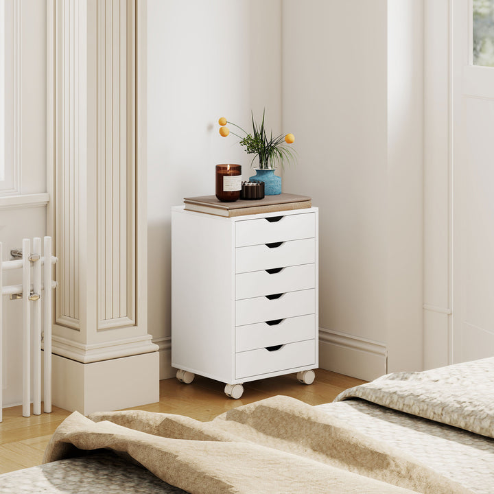 Bloco de Gavetas Móvel Arquivador com 6 Gavetas Suporte para Impressora com Rodas Guias Deslizantes Silenciosas para Escritório Casa 40x35x63 cm Branco