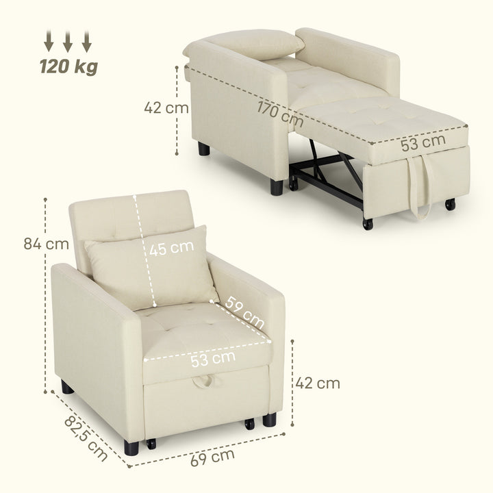 Sofá Cama Individual Poltrona com 4 Rodas Encosto Reclinável Almofada Extra e Assento Acolchoado Carga 100 kg para Escritório Dormitório Sala de Estar 69x82,5x84 cm Bege