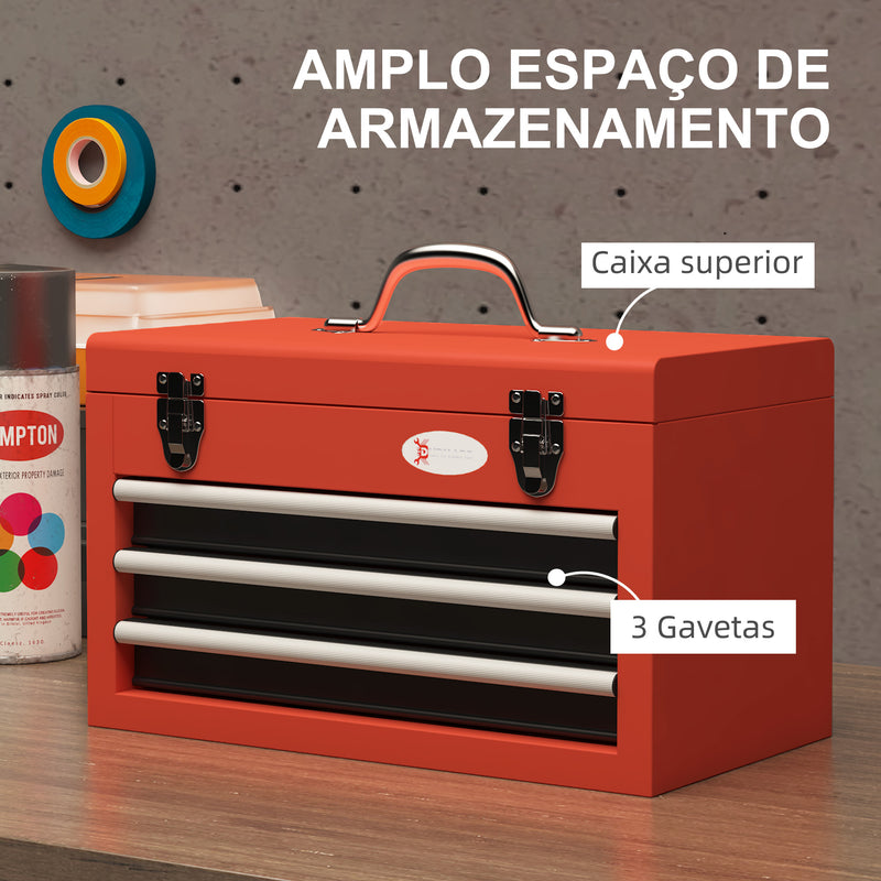 Caixa de Ferramentas de Aço Baú de Ferramentas Portátil com 2 Gavetas e 1 Caixa Superior e Alça para Oficina Garagem Casa 45x24x27 cm Vermelho