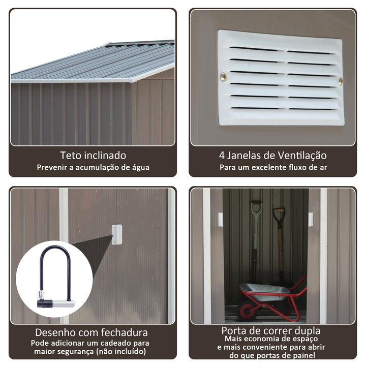 Barracão de Jardim Armário Exterior de Metal para Guardar Ferramentas Base Incluída, 4 Janelas 213x127x185cm Aço