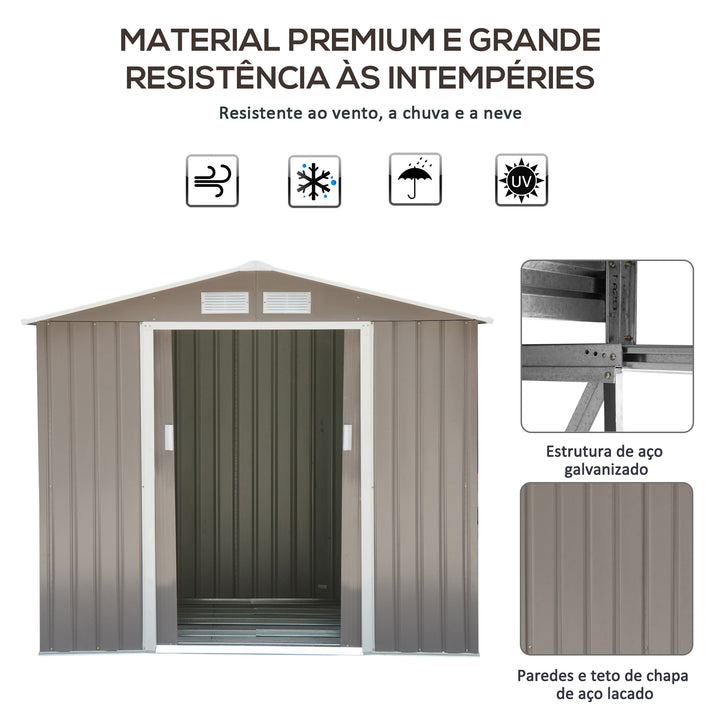 Barracão de Jardim Armário Exterior de Metal para Guardar Ferramentas Base Incluída, 4 Janelas 213x127x185cm Aço