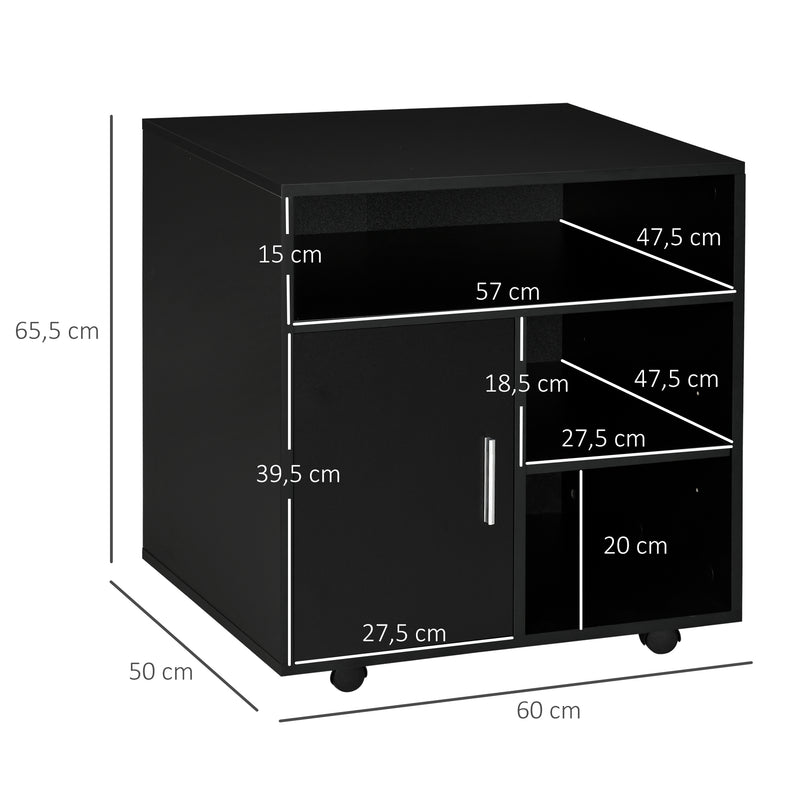 Armário de Escritório para Impressora Móvel para Escritório Multifuncional com Prateleiras e Amplo Espaço de Armazenamento 60x50x65,5 cm Preto