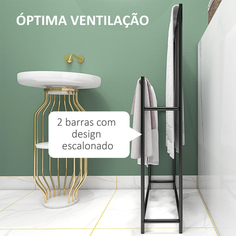 Toalheiro de Pé de 2 Níveis Toalheiro Casa de Banho com 2 Barras e Estrutura de Metal Toalheiro Moderno 66x20x110 cm Preto