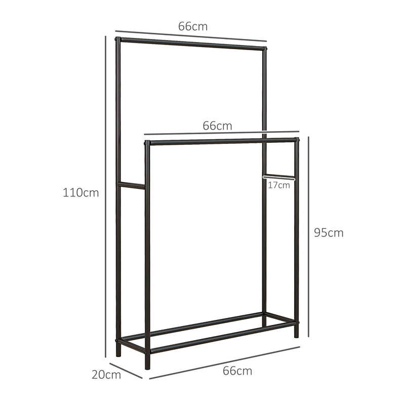 Toalheiro de Pé de 2 Níveis Toalheiro Casa de Banho com 2 Barras e Estrutura de Metal Toalheiro Moderno 66x20x110 cm Preto