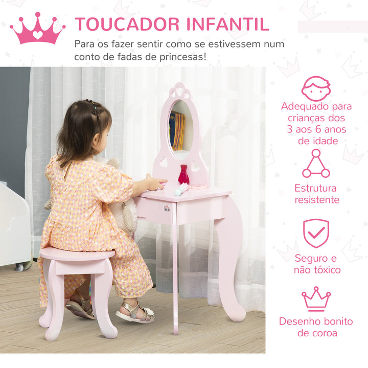 Toucador Infantil de Madeira para Crianças de 3-6 Anos com Banco e Espelho Estilo Princesa Mesa de Maquilhagem Infantil com Gaveta para Dormitório 60x36x88cm Rosa