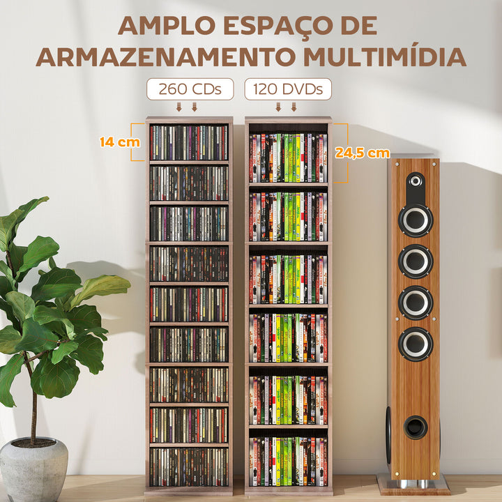 Estante para CDs e DVDs Suportes para CD Estreitos com 9 Compartimentos Prateleiras Ajustáveis para Sala Escritório 33x24x140 cm Madeira
