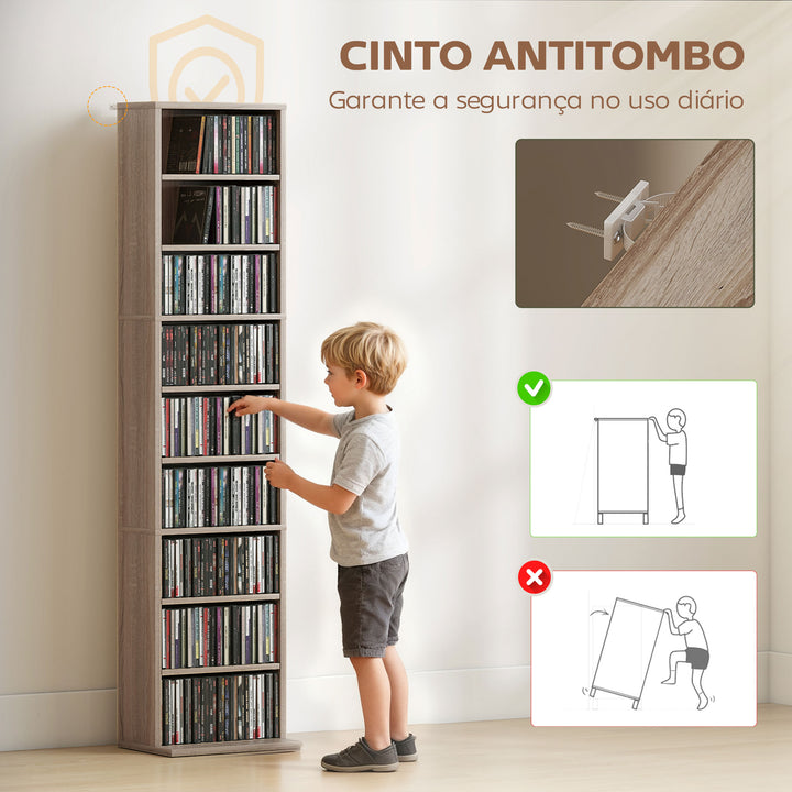Estante para CDs e DVDs Suportes para CD Estreitos com 9 Compartimentos Prateleiras Ajustáveis para Sala Escritório 33x24x140 cm Madeira