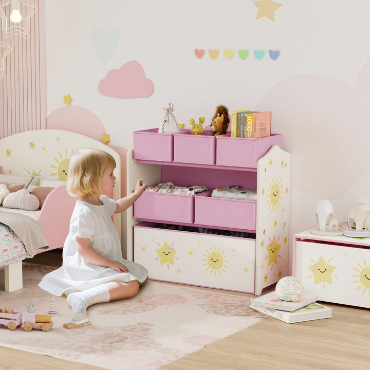 Estante Infantil para Brinquedos com 6 Caixas em Tecido Não Tecido Organizador de Brinquedos de 3 Níveis para Quarto Infantil Sala de Jogos Escola Infantil 63x30x66 cm Rosa