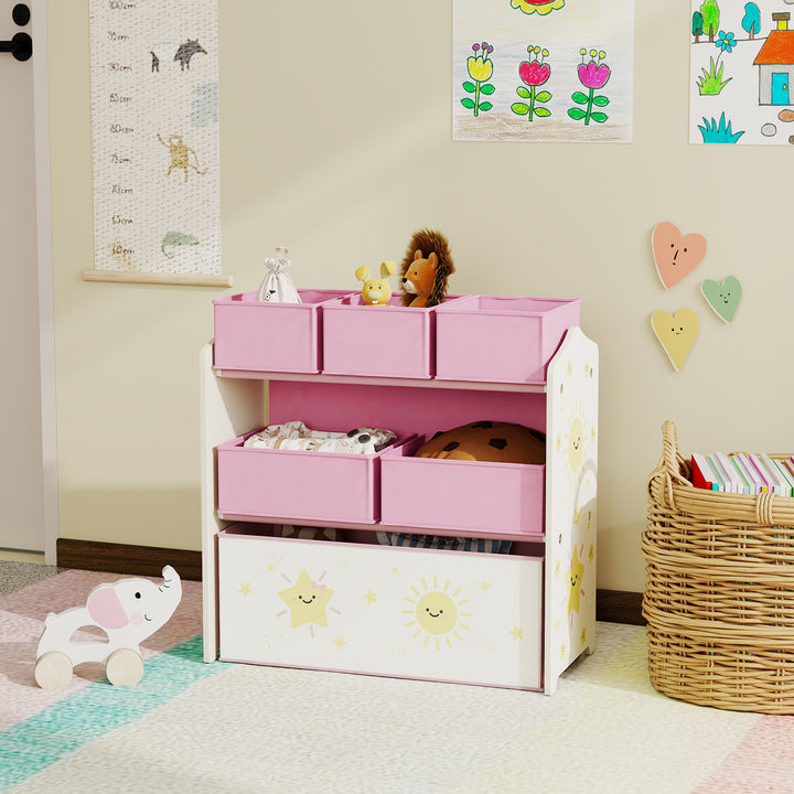 Estante Infantil para Brinquedos com 6 Caixas em Tecido Não Tecido Organizador de Brinquedos de 3 Níveis para Quarto Infantil Sala de Jogos Escola Infantil 63x30x66 cm Rosa