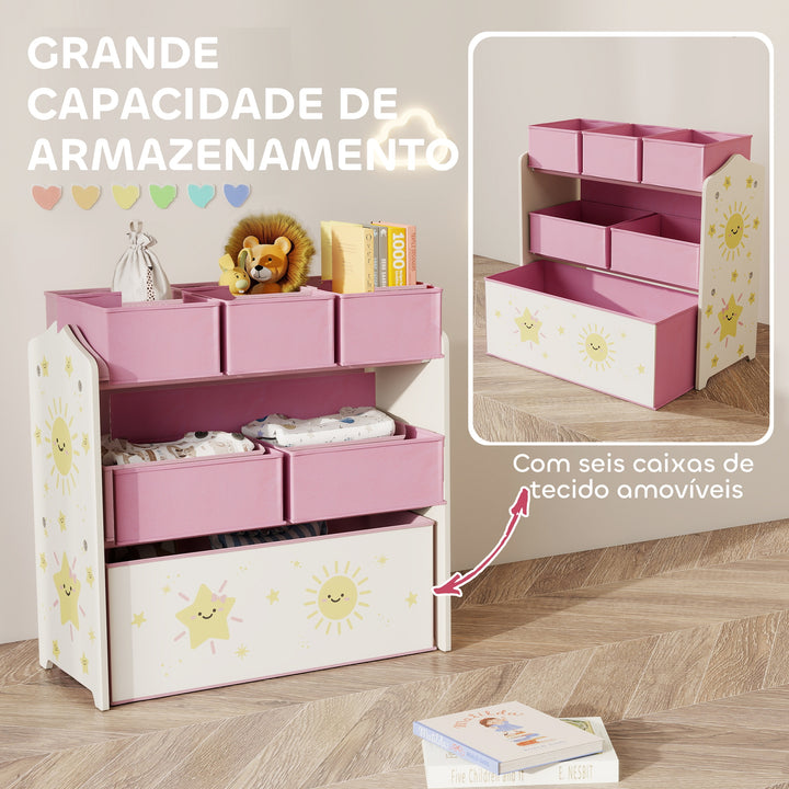 Estante Infantil para Brinquedos com 6 Caixas em Tecido Não Tecido Organizador de Brinquedos de 3 Níveis para Quarto Infantil Sala de Jogos Escola Infantil 63x30x66 cm Rosa