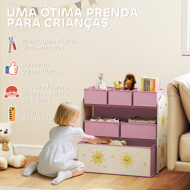 Estante Infantil para Brinquedos com 6 Caixas em Tecido Não Tecido Organizador de Brinquedos de 3 Níveis para Quarto Infantil Sala de Jogos Escola Infantil 63x30x66 cm Rosa