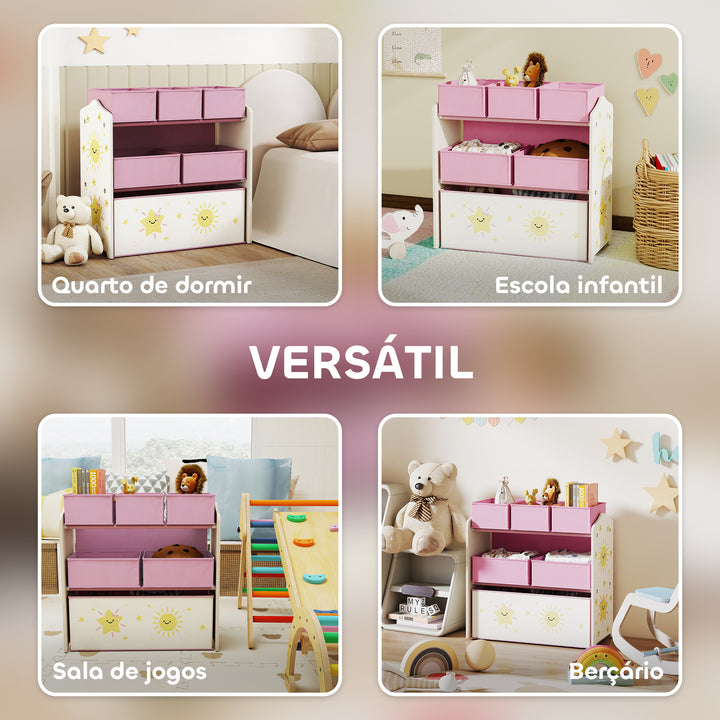Estante Infantil para Brinquedos com 6 Caixas em Tecido Não Tecido Organizador de Brinquedos de 3 Níveis para Quarto Infantil Sala de Jogos Escola Infantil 63x30x66 cm Rosa