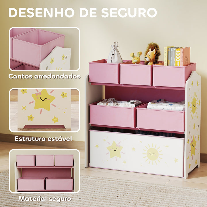 Estante Infantil para Brinquedos com 6 Caixas em Tecido Não Tecido Organizador de Brinquedos de 3 Níveis para Quarto Infantil Sala de Jogos Escola Infantil 63x30x66 cm Rosa
