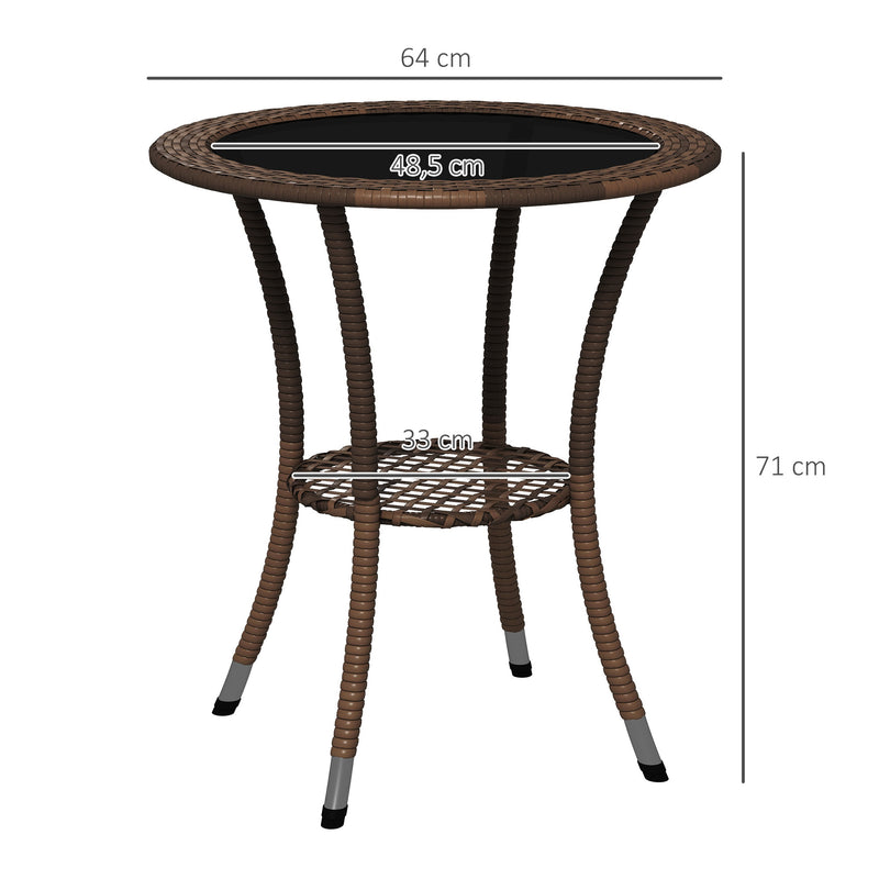 Mesa de Vime Redonda Ø64x71 cm Mesa de Jardim com Estante Estrutura de Aço e Tampo de Vidro Suporta 50 kg para Terraço Pátio Castanho