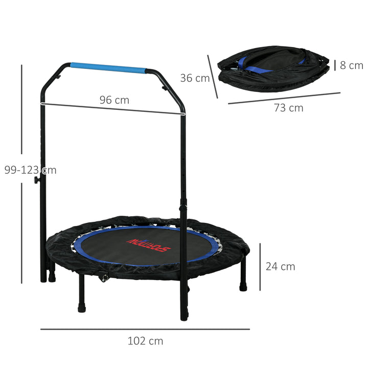 Trampolim Fitness Ø102 Trampolim Dobrável com Pega Ajustável em 4 Níveis Estrutura de Aço para Treino de Pernas Corpo em Casa Escritório Ginásio Azul