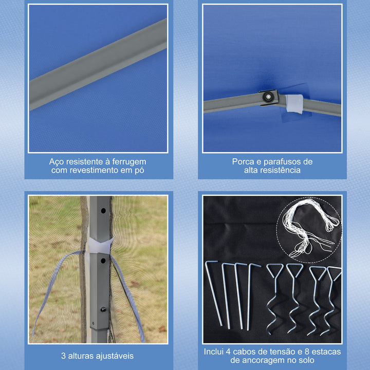 Tenda Dobrável 295x295x260 cm Tenda de Jardim com 4 Paredes Laterais de Malha 8 Orifícios de Drenagem e Bolsa de Transporte para Jardim Pátio Festas Azul