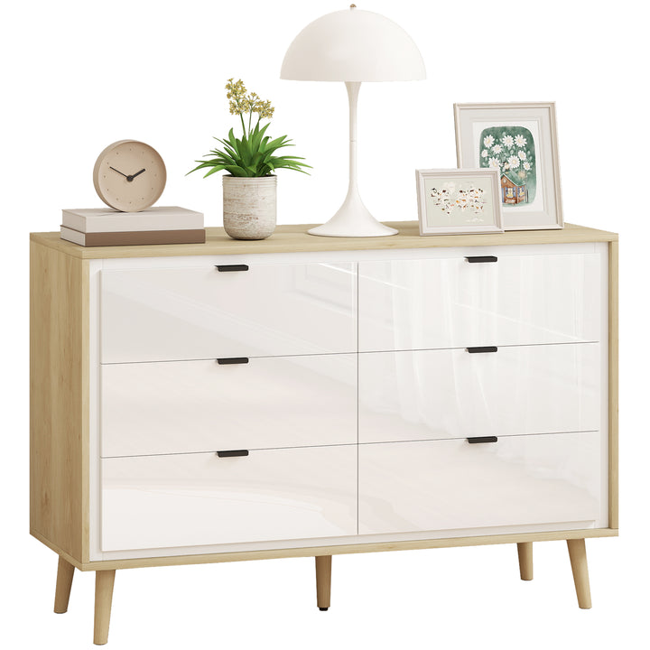 Cómoda 6 Gavetas Cómoda Quarto com Pernas de Madeira Cómoda para Sala Escritório Estilo Moderno 110x40x75 cm Branco Brilhante e Carvalho