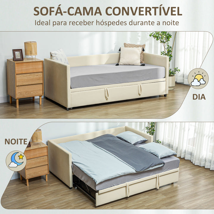Cama Individual Dupla 2 em 1 com Base Metálica Estofada em Veludo e Cama Inferior Extraível com Rodas para Colchões de 90x190 cm Carga 350 kg Creme
