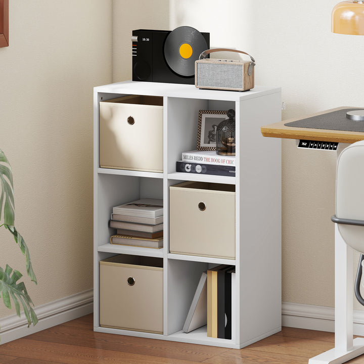 Estante Cubo Moderna Estante de Armazenamento Horizontal ou Vertical com 6 Compartimentos Abertos e 3 Gavetas de Tecido para Sala de Estar Quarto Escritório 53,7x30x79,8 cm Branco e Bege