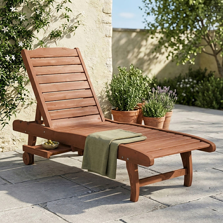 Espreguiçadeira de Madeira para Exterior Cadeira Reclinável de Jardim com 2 Rodas Encosto Ajustável em 3 Níveis e 1 Tabuleiro Capacidade 113 kg para Terraço Pátio 182x60x35 cm Natural