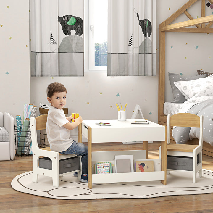 Conjunto de Mesa e 2 Cadeiras Infantis Mesa com Cadeiras para Crianças 2 em 1 com Ardósia Gavetas de Tecido e Espaço de Armazenamento para Quarto Sala de Jogos Cinza