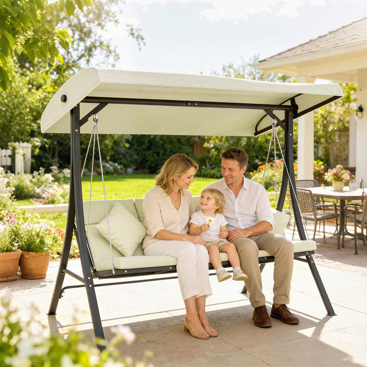 Baloiço de Jardim Exterior de 3 Lugares Baloiço com Toldo Ajustável Almofadas e Estrutura de Aço para Terraço ou Jardim Suporta até 320 kg 202x115x168 cm Bege