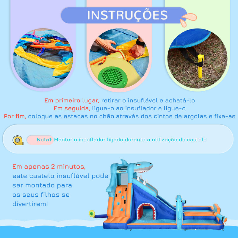 Castelo Insuflável Infantil 6 em 1 Castelo Insuflável para Crianças com Escorrega Piscina Parede de Escalada Canhão de Água e Bolsa de Transporte 440x350x240 cm Multicolor