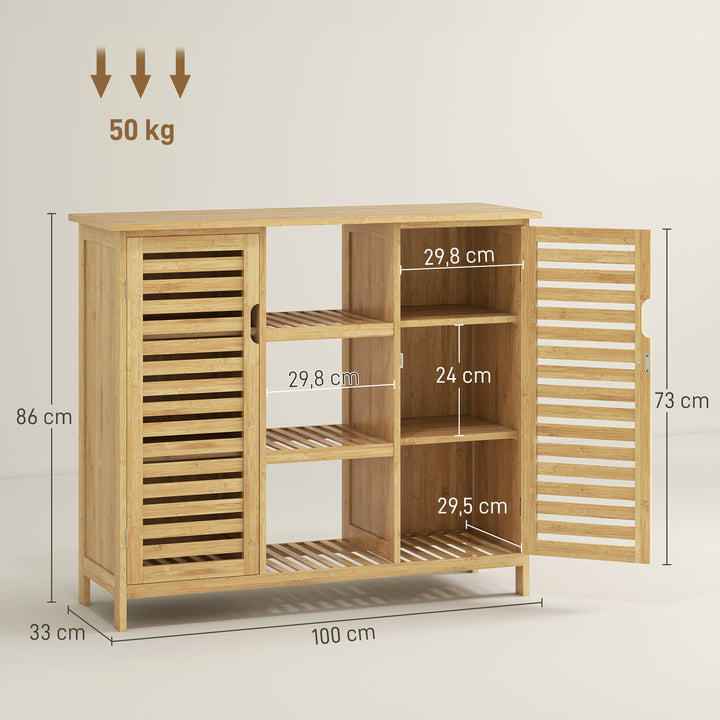 Sapateira com 2 Portas de Bambu em Ripas Sapateira para Entrada com Prateleiras e Compartimentos Abertos para 9 Pares de Sapatos 100x33x86 cm Madeira