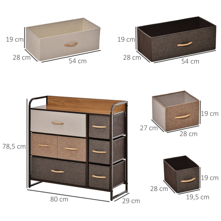 Cómoda com 7 Gavetas de Tecido Amovíveis e Dobráveis Móvel Organizador com Estrutura Metálica e Antitombo para Sala Entrada Quarto 80x29x78,5 cm Multicolor