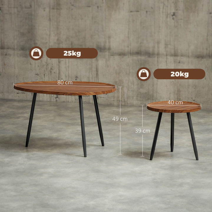 Conjunto de 2 Mesas Auxiliares com Pés de Metal Mesas de Centro para Sala Quarto Escritório 80x55x49 cm e Ø40x39 cm Madeira e Preto