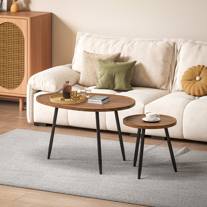 Conjunto de 2 Mesas Auxiliares com Pés de Metal Mesas de Centro para Sala Quarto Escritório 80x55x49 cm e Ø40x39 cm Madeira e Preto