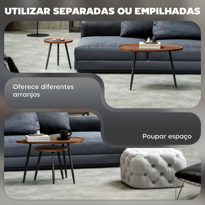 Conjunto de 2 Mesas Auxiliares com Pés de Metal Mesas de Centro para Sala Quarto Escritório 80x55x49 cm e Ø40x39 cm Madeira e Preto