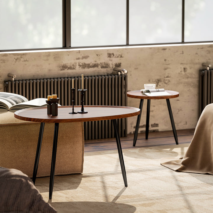 Conjunto de 2 Mesas Auxiliares com Pés de Metal Mesas de Centro para Sala Quarto Escritório 80x55x49 cm e Ø40x39 cm Madeira e Preto