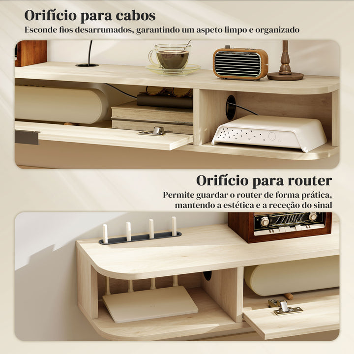 Móvel de TV Suspenso Móvel de TV para Sala com Gaveta Rebatível 2 Prateleiras Abertas Orifício para Cabos Estilo Moderno para Televisão 60 Polegadas 140x24x16 cm Madeira