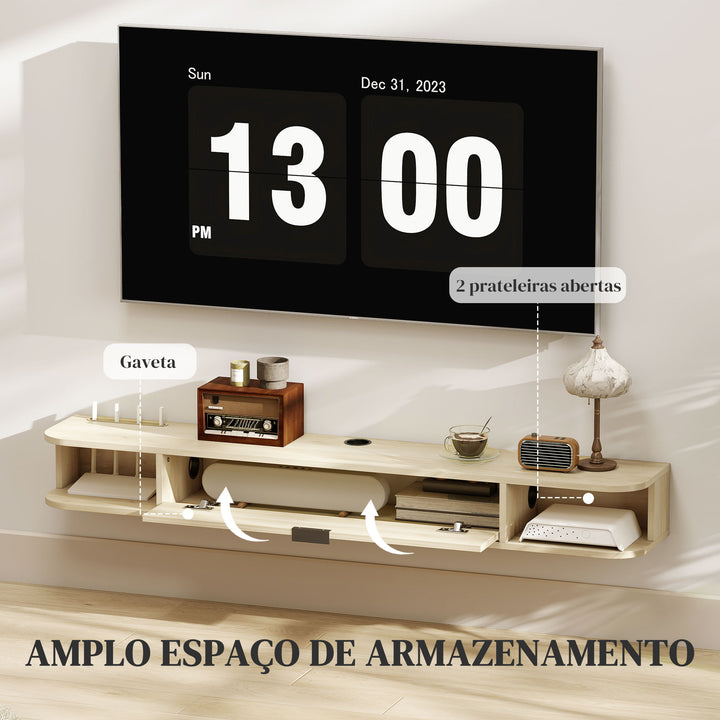 Móvel de TV Suspenso Móvel de TV para Sala com Gaveta Rebatível 2 Prateleiras Abertas Orifício para Cabos Estilo Moderno para Televisão 60 Polegadas 140x24x16 cm Madeira