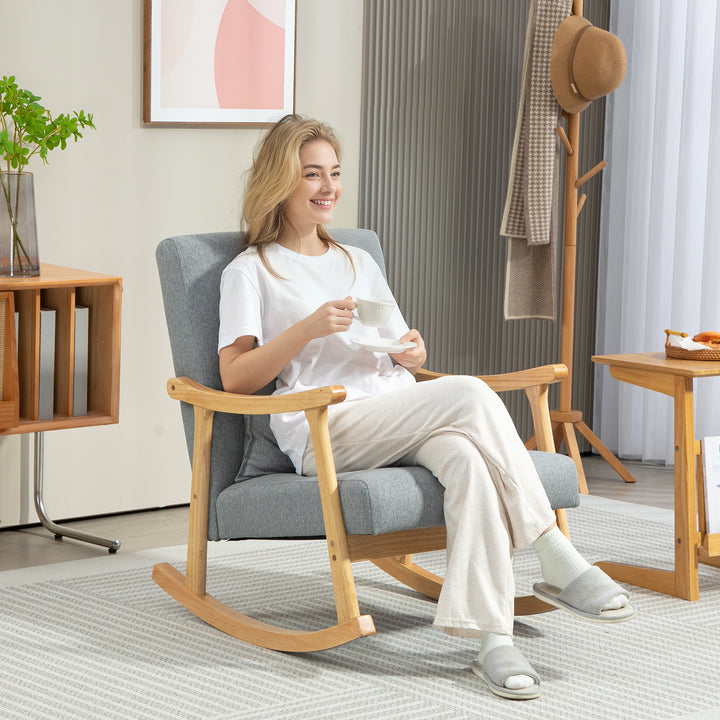 Poltrona Baloiço Moderna Poltrona de Amamentação com Almofada Lombar Encosto Amplo e Base de Madeira Carga 120 kg Poltrona Baloiço para Sala de Estar Dormitório 65x87x84 cm Cinza Claro