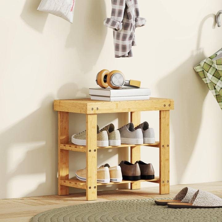 Banco Sapateira de Bambu Sapateira com Assento Organizador de Sapatos com 2 Prateleiras para 4 Pares de Sapatos para Entrada Sala de Estar Dormitório 50x28x45 cm Madeira