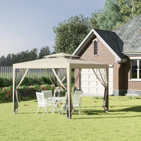 Pérgola de Jardim 297x297x268 cm Pérgola com 4 Redes Mosquiteiras Laterais com Fecho de Correr Teto de Ventilação e 8 Orifícios de Drenagem Pérgola para Terraço Pátio Exterior Bege