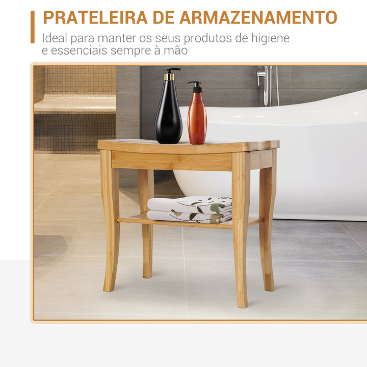 Banco para Casa de Banho de Bambu com Prateleira de Arrumação Banco de Banho Antiderrapante Impermeável e Resistente Banco de Duche para Casa Sala Quarto SPA 47,5x26x44,5 cm Madeira