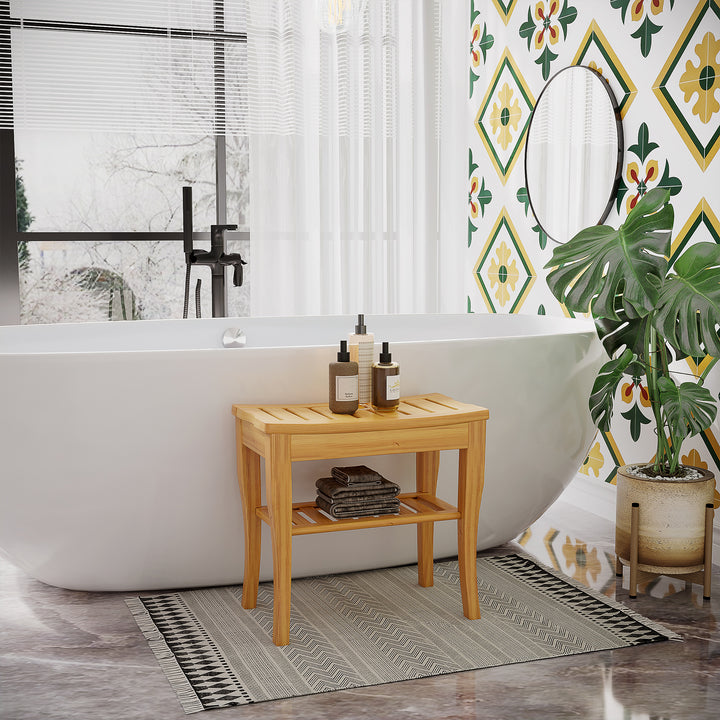 Banco para Casa de Banho de Bambu com Prateleira de Arrumação Banco de Banho Antiderrapante Impermeável e Resistente Banco de Duche para Casa Sala Quarto SPA 47,5x26x44,5 cm Madeira