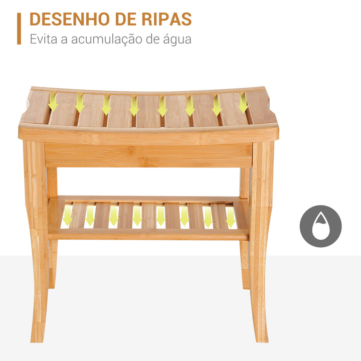 Banco para Casa de Banho de Bambu com Prateleira de Arrumação Banco de Banho Antiderrapante Impermeável e Resistente Banco de Duche para Casa Sala Quarto SPA 47,5x26x44,5 cm Madeira