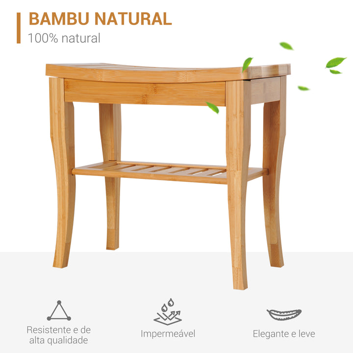 Banco para Casa de Banho de Bambu com Prateleira de Arrumação Banco de Banho Antiderrapante Impermeável e Resistente Banco de Duche para Casa Sala Quarto SPA 47,5x26x44,5 cm Madeira