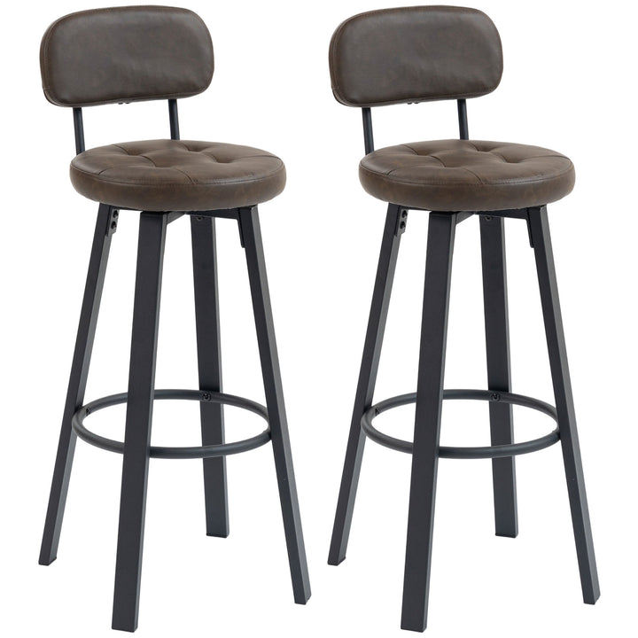 Conjunto de 2 Bancos de Bar Bancos Altos de Cozinha Giratórios Estofados em PU com Encosto Estrutura de Metal Apoio para os Pés Assento a 76,5 cm de Altura Castanho Escuro