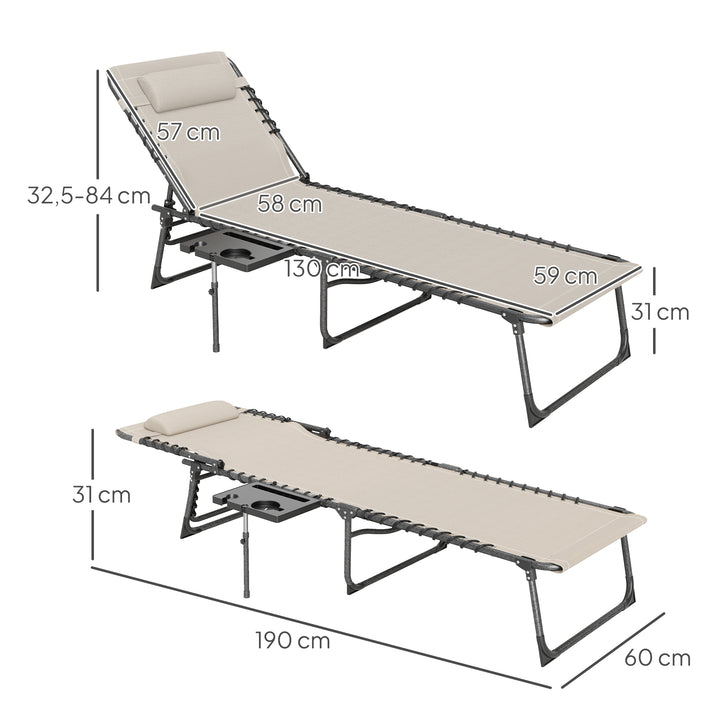 Espreguiçadeira Dobrável Espreguiçadeira Jardim com Encosto Ajustável Apoio de Cabeça Bolsa Lateral Bandeja e Estrutura de Aço Carga 120 kg para Terraço Piscina Praia 190x60x31 cm Creme