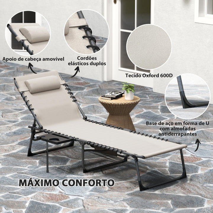 Espreguiçadeira Dobrável Espreguiçadeira Jardim com Encosto Ajustável Apoio de Cabeça Bolsa Lateral Bandeja e Estrutura de Aço Carga 120 kg para Terraço Piscina Praia 190x60x31 cm Creme