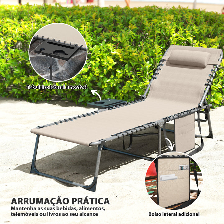 Espreguiçadeira Dobrável Espreguiçadeira Jardim com Encosto Ajustável Apoio de Cabeça Bolsa Lateral Bandeja e Estrutura de Aço Carga 120 kg para Terraço Piscina Praia 190x60x31 cm Creme