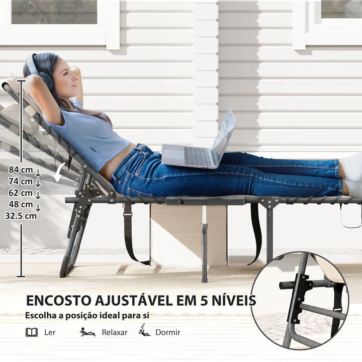Espreguiçadeira Dobrável Espreguiçadeira Jardim com Encosto Ajustável Apoio de Cabeça Bolsa Lateral Bandeja e Estrutura de Aço Carga 120 kg para Terraço Piscina Praia 190x60x31 cm Creme