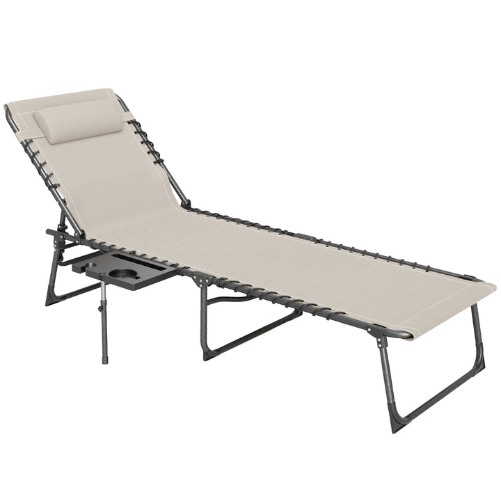 Espreguiçadeira Dobrável Espreguiçadeira Jardim com Encosto Ajustável Apoio de Cabeça Bolsa Lateral Bandeja e Estrutura de Aço Carga 120 kg para Terraço Piscina Praia 190x60x31 cm Creme